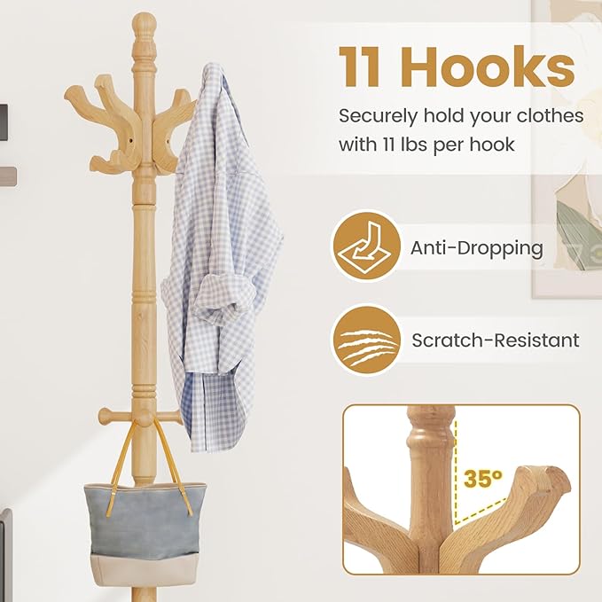 Giantex Solid Wood Coat Rack, Freestanding Hall Tree with 3 Adjustable Heights and 11 Hooks, Rubber Wood Frame, Entryway Hanger Stand, Wooden Garment Rack for Hallway, Living Room (Natural)