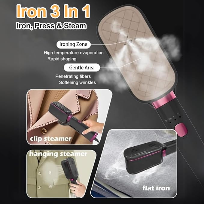 Portable Travel Steamer, 1000W Fabric Steamer for Clothes, Portable 3-in-1 Iron, 15S Fast Heat-up, 10 Mins Continuous Steam, 180° Rotatable Clip Iron for Clothes