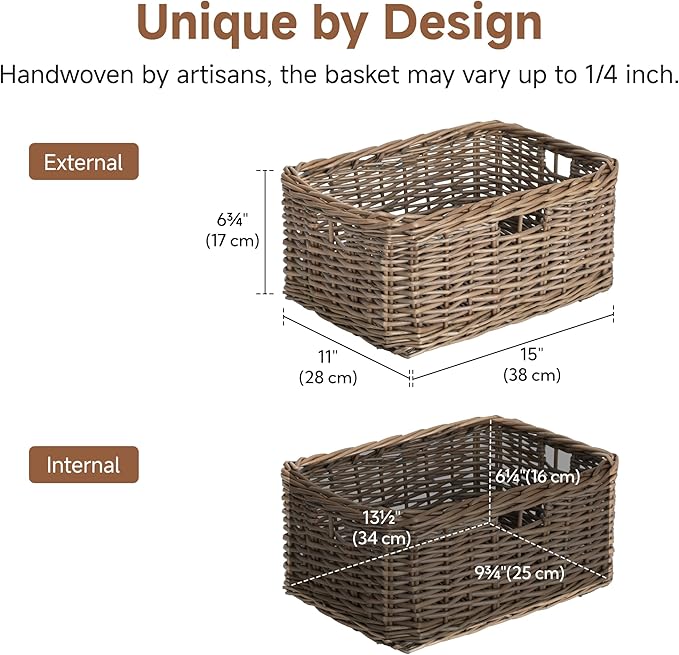 StorageWorks Pantry Baskets, Willow Storage Baskets for Organizing, Shelves, Pantry Organizers and Storage, Light Brown, 15"L x 11"W x 6 ¾"H