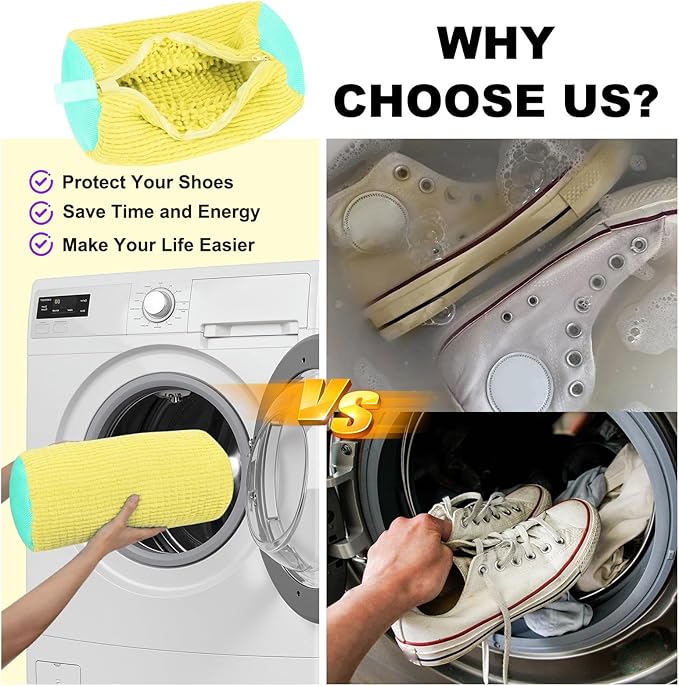 Shoe Washing Machine Bag - Shoe Laundry Bag for Washer and Dryer, Reusable 2 Pack, 360° Deep Cleaning, Self-Locking Zipper, Fits All Sneakers & Tennis Shoes - Yellow