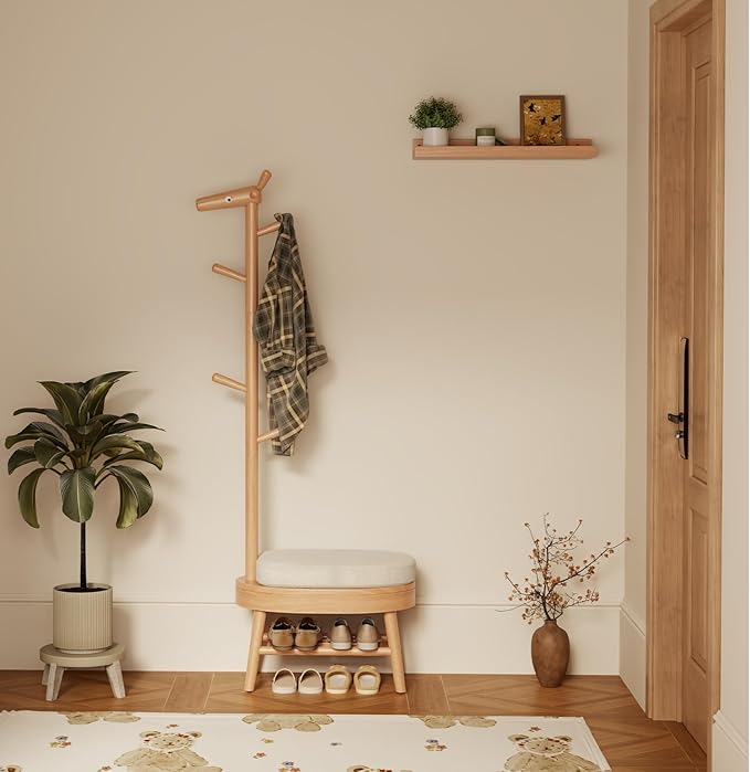 AQIMUELE Shoe Bench Entryway,Coat Rack with Shoe Storage, Coat Rack and Shoe Rack, Wooden Narrow Shoe Bench(Natural)