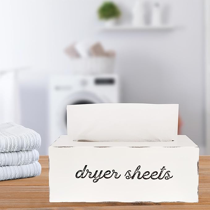 AuldHome Design Dryer Sheet Dispenser; Countertop Rustic White Fabric Softener Sheet Holder for Laundry Room