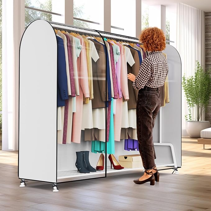 Kntiwiwo Clear Garment Rack Cover, Clothes Rack Cover Clothing Rack Cover with Durable Zippers for Garment Rack, Clothes Rack, White, 72"L x 20"W x 60"H (Rack Not Included)