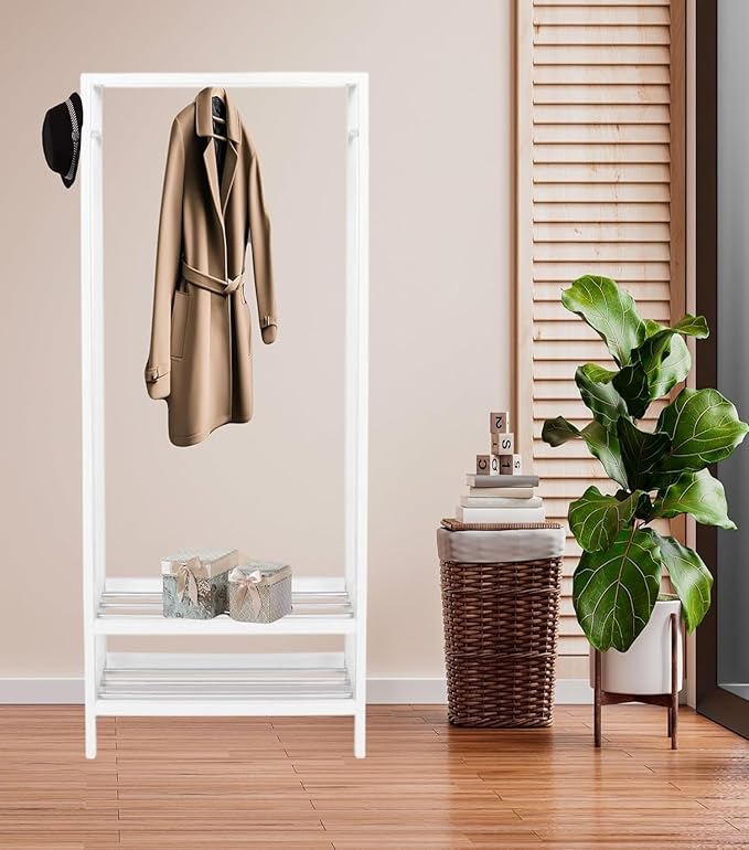 Legacy Decor 2 Tier Shelves Shoe Garment Coat Rack Hanger 65”H X 31.5”W X 13" D Wooden White Finish