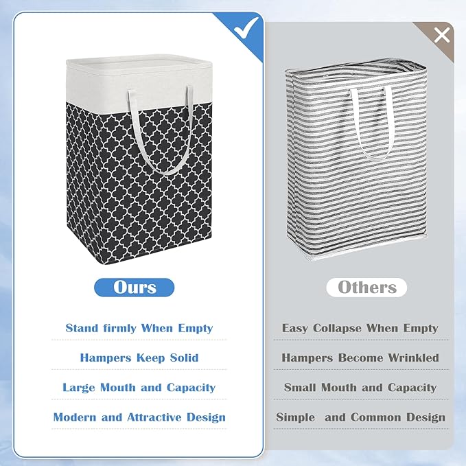 BlissTotes 3-Pack Laundry Basket, Freestanding＆Waterproof Laundry Hamper, Collapsible Tall Clothes Hamper with Easy Carry Handles for Clothes, Towels in the Family and Dorm,Clover Black,75L