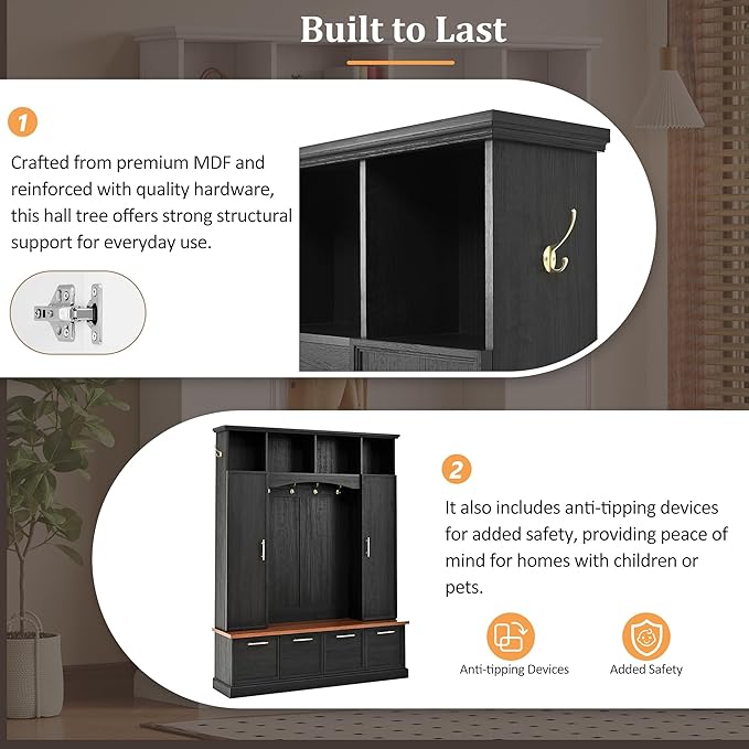 Versatile Hall Tree with Golden Hooks and 2 Doors, 5-in-1 Wood Coat Rack Entryway Shoe Cabinet with Bench& Adjustable Shelves, Functional 59'' Wide Hall Tree for Entrance Hallway (Black-8.2)