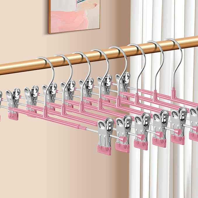 50PACK Pants Hangers with Clips Adjustable Skirt Hangers for Women Metal Non-Slip Trousers Hanger Heavy Duty Space Saving Clothes Hanger for Shorts,Jeans,12Inch,Pink