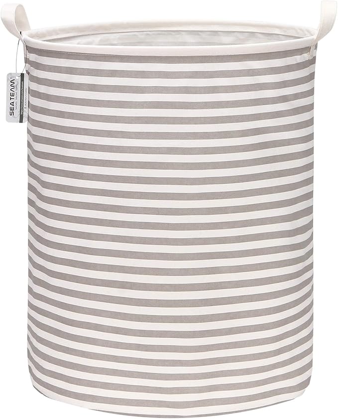 Sea Team 19.7 Inches Large Sized Waterproof Coating Ramie Cotton Fabric Folding Laundry Hamper Bucket Cylindric Burlap Canvas Storage Basket (19.7", Grey & White Stripe)