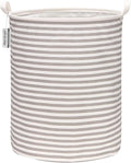 Sea Team 19.7 Inches Large Sized Waterproof Coating Ramie Cotton Fabric Folding Laundry Hamper Bucket Cylindric Burlap Canvas Storage Basket (19.7", Grey & White Stripe)