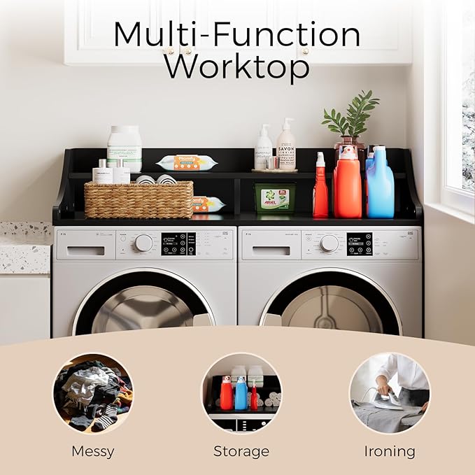 2-Tier Washer Dryer Topper,54" x 27.6" Washer Dryer Countertop with Non-Slip Mat, Laundry Room Organizer with Storage Shelf for Folding & Sorting Clothes, Black