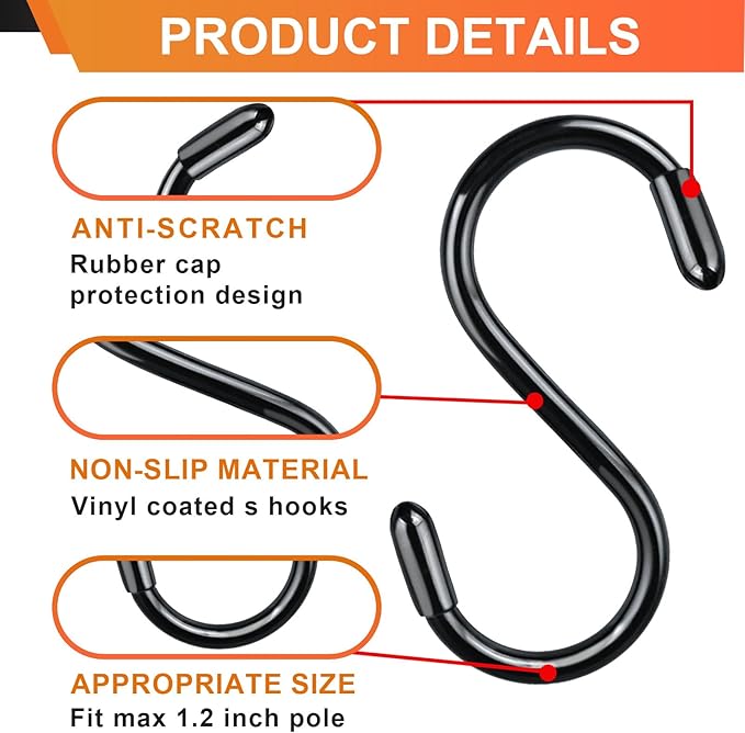 3 Inch Vinyl Coated S Hooks, 12 Pack S Hooks for Hanging Plants Heavy Duty, Small Non Slip Black Rubber Coated Metal Closet Rod Hooks for Hanging Jeans Plants Basket Bags Jewelry Towel Pot Pan Cup