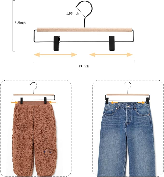 Nature Smile Deluxe Beech Wooden Pants Hangers Bottom Hanger Jeans Hanger Trousers Skirt Hanger with 2-Adjustable Black Matt Clips and Hook 20 Pack (Natural Wood+Black Metal)