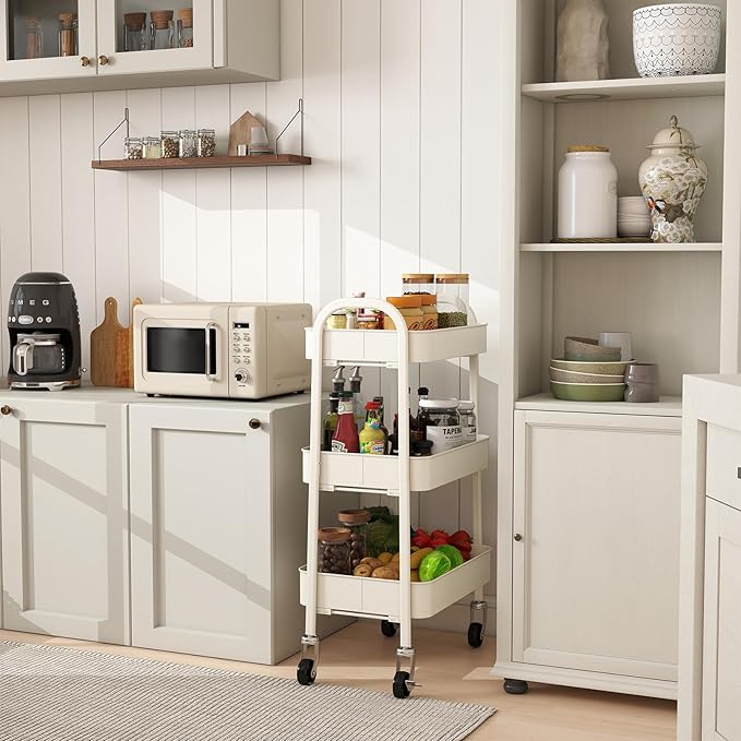 Sekey 3 Tier Metal Rolling Cart, No Screws Assemble Kitchen Cart, White Utility Cart on Wheels, Mini Rolling Carts for Small Spaces, Bathroom Storage, Bedside, Office, Food, Snack, Craft