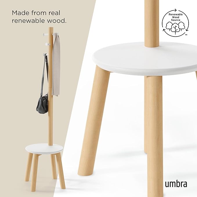 Umbra Pillar Coat Rack, Stool, Clothing Organizer, Umbrella Holder and Hat Organizer, Great for Entryway, White/Natural