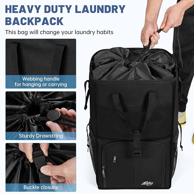 95L Laundry Backpack Bag with 3 Sizes Mesh Wash Bags Empty, Extra Large 2 in 1 Laundry Hamper Basket with Shoulder Straps, Freestanding Laundry Bag for College Dorm, Laundromat, Apartment (Black)