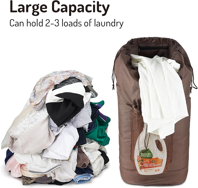 Seiritex Large Laundry Backpack Bag with Detergent Holder and Adjustable Shoulder Straps, Clothes Laundry Backpack for College, Travel, Apartment, Laundromat, Dorm Room (Brown)