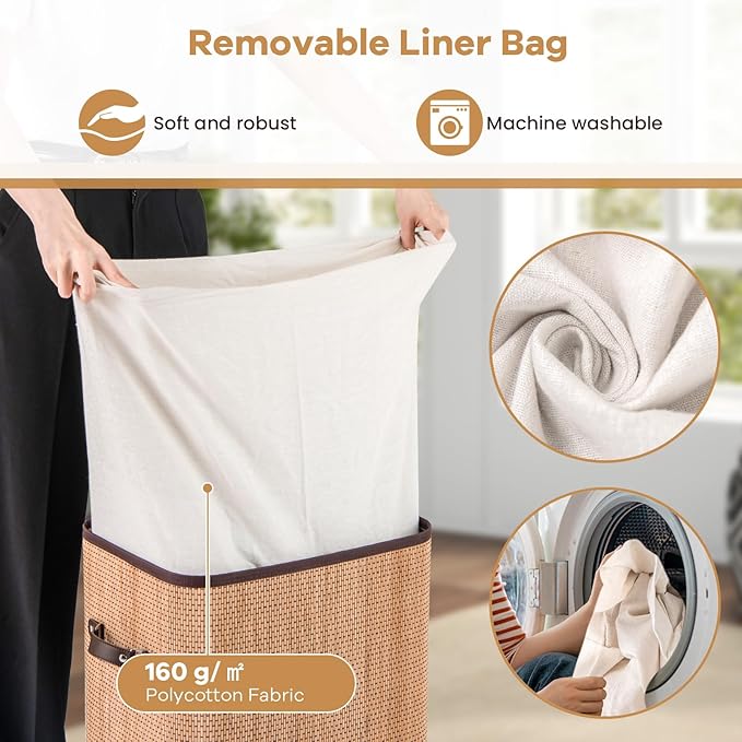 Giantex Bamboo Laundry Hamper with Lid, 72L Large & Tall Clothes Hamper with Removable Liner & Handles, Rectangular Laundry Basket for Small Spaces, Laundry Room, Bedroom