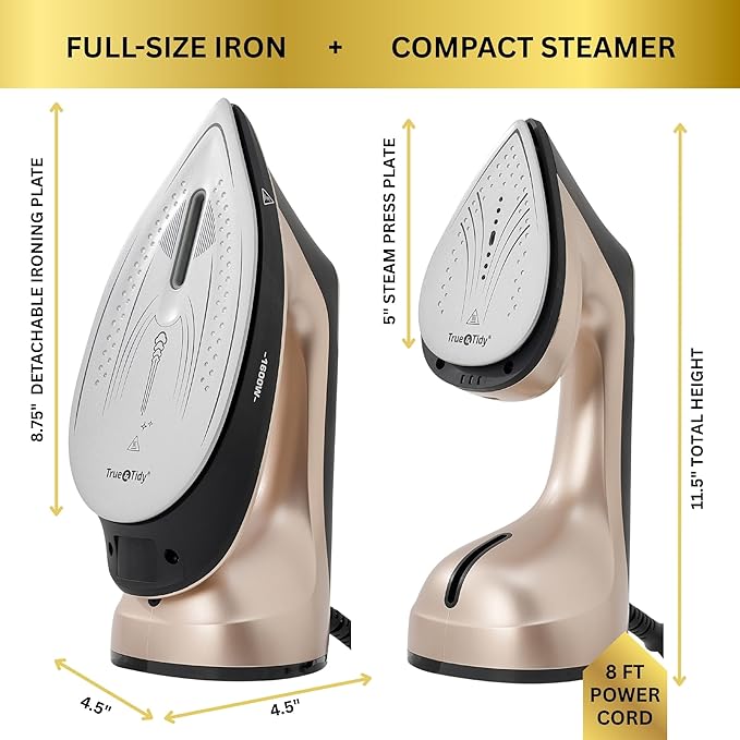 True & Tidy DuoPress XL 2-in-1 Clothes Steamer & Iron, 1600W Powerful Turbo Steam, Large Ceramic Plate, Smart Temperature Control, 3 Steam Modes