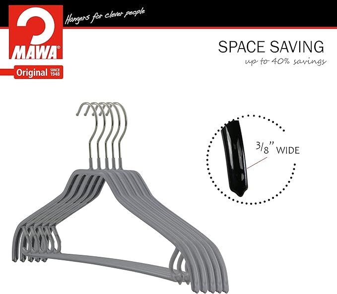 MAWA by Reston Lloyd Silhouette Series Non-Slip Space Saving Clothes Hanger with Bar & Hook for Pants and Skirts, Style 41/FRS, Set of 5, Silver