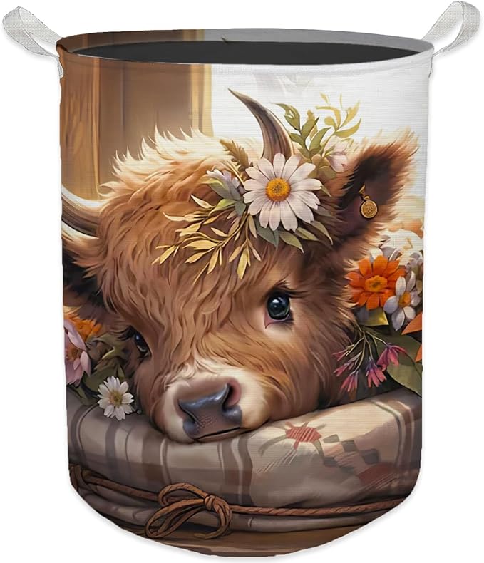 Highland Cow Laundry Basket, Farmhouse Floral Western Cow Waterproof Collapsible Laundry Hamper Dirty Clothes Storage Toy Bin Organizer for Nursery Girls Kids Room Bathroom Bedroom