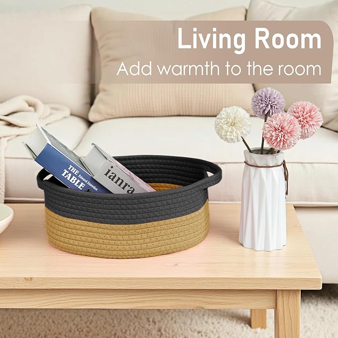 Woven Basket,Small Rope Storage Bin with Handles & Ribbon Bag, Organizer for Shelves Closets,Gift Basket Empty for Birthday,Books,Dog Toys, Black&Jute