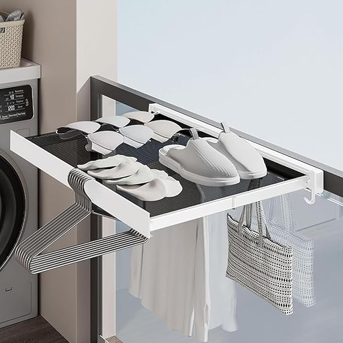 LETINE Wall Mounted Drying Rack: Retractable Indoor Clothes Drying Rack – Aluminum Alloy Frame w/Soft Mesh Surface. Laundry Rack & Temp Shelf for Balcony, Bathroom, Kitchen. (White, M)