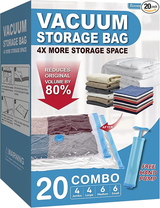 Vacuum Storage Bags, Vacuum Seal Space Saver Bags for Clothing, Travel Lugggage, Carry-on, Blankets, Comforters, Pillow, Bedding, 20 Combo