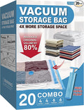 Vacuum Storage Bags, Vacuum Seal Space Saver Bags for Clothing, Travel Lugggage, Carry-on, Blankets, Comforters, Pillow, Bedding, 20 Combo