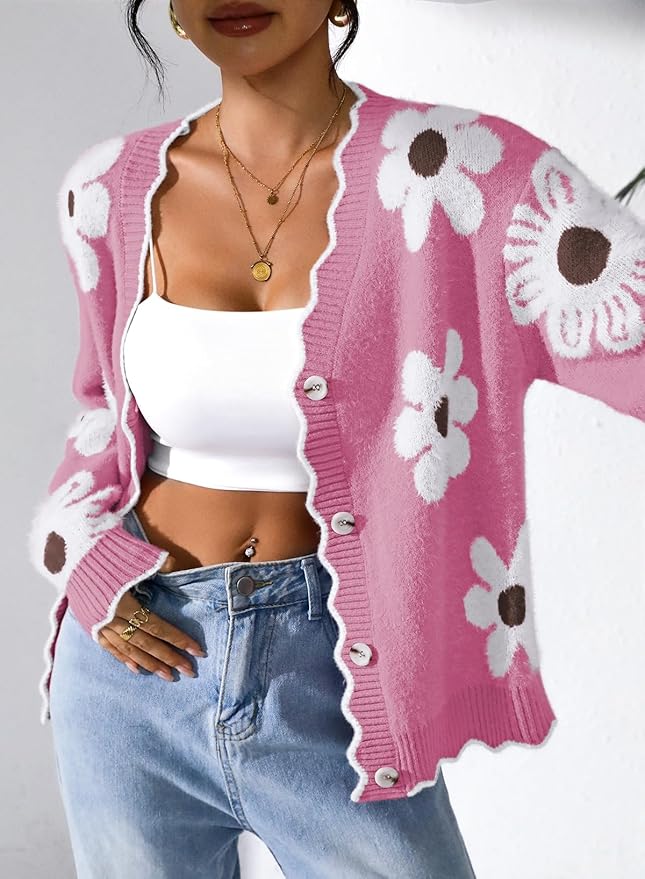 Pink Queen Fuzzy Sweater Cardigan for Women 2025 Fashion Long Sleeve Flower Outerwear Button Down Open Front Cardigan Coat