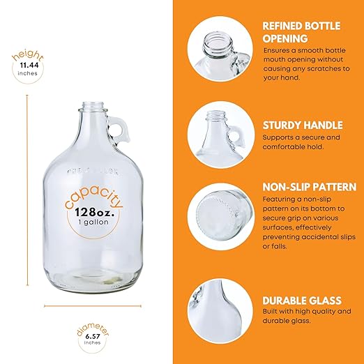 Fastrack 4-Pack 1 Gallon Glass Jug (128 oz) WITHOUT CAPS – Multipurpose 1 Gallon Jug, & Detergent Dispenser for Laundry, Glass Jar for Liquids, Water & Juice
