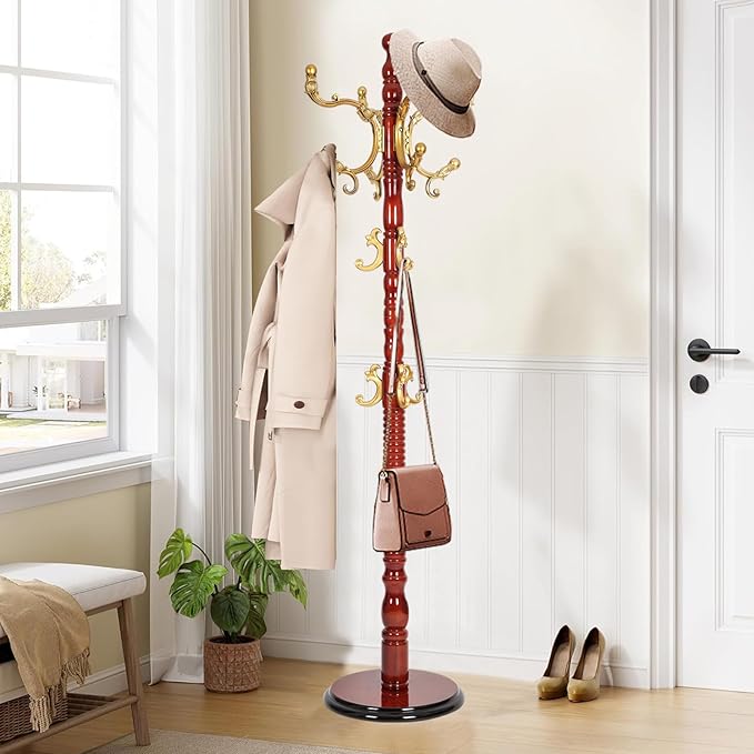 Wooden coat rack stand, Heavy duty coat racks tree freestanding with 14 Hooks and Sturdy Round Base, Coat tree for jacket,Hats, Bags, Purses, clothes (Round base-Begonia wood)
