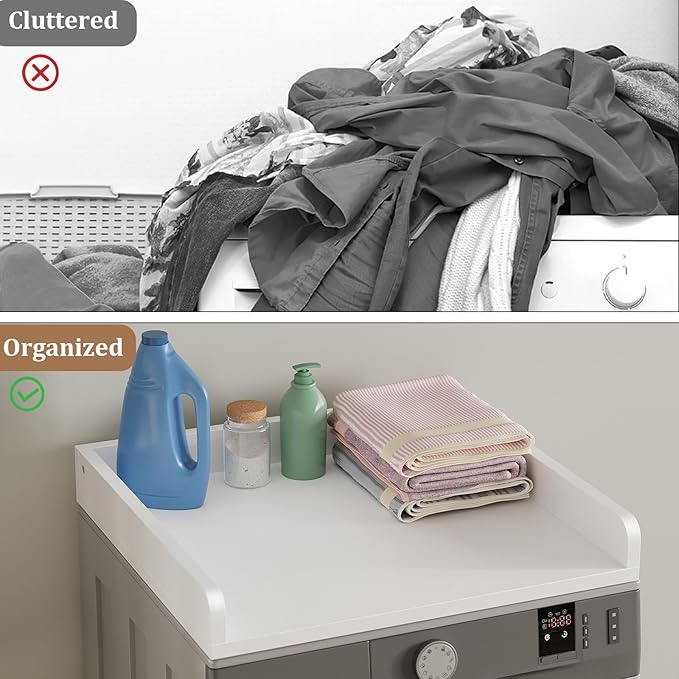 Washer Dryer Countertop, 27.5" D x 27.5" W x 3.2" H, Countertop for Washer and Dryer with Non-Slip Pads and Round Corner Edge Rails, Laundry Room Organization(White)