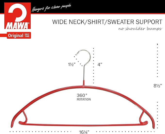 Mawa by Reston Lloyd Non Slip Metal Clothing Hanger, Smooth Shoulder Support with Skirt Hooks/Pant Bar, Model 42-U, Pack of 5, Red
