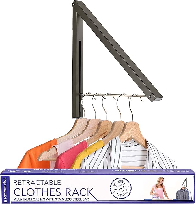 Single Foldable Clothing Rack, Wall-Mounted Retractable Clothes Hanger for Laundry Dryer Room, Hanging Drying Rod, Small Collapsible Folding Garment Racks, Dorm Accessories (Gray)