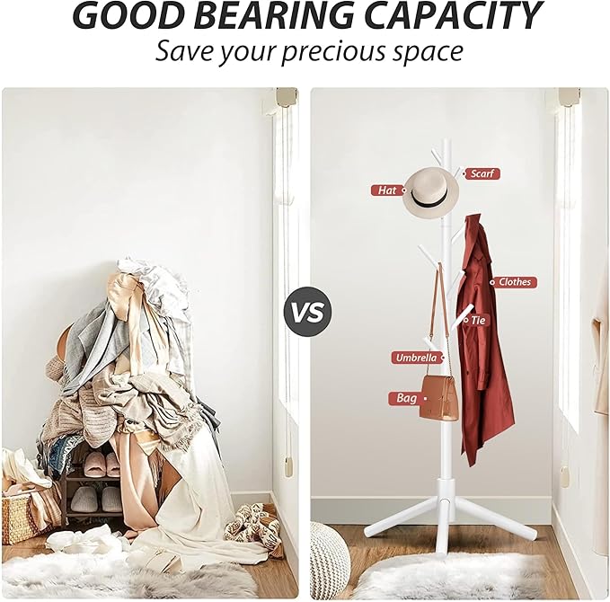 Durable Wooden Coat Rack, Freestanding Coat Rack with Stable Triangular Base, 8 Hooks & 3 Adjustable Heights, Simple Assembly for Bedroom, Hallway, Office(New White)