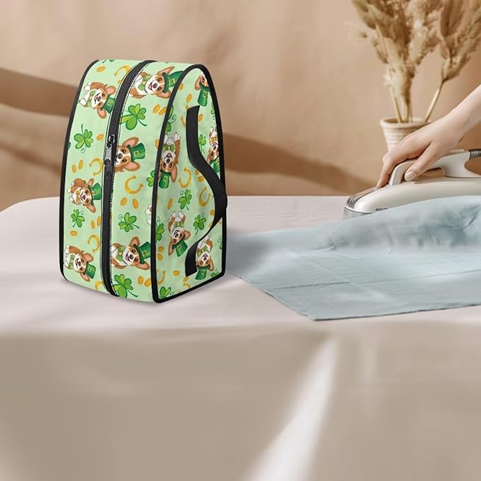 Saint Patricks Day Iron Storage Case Protective Carrying Bag Cute Reusable Four Leaf Clover Corgi Steam Iron Storage Bag with Zipper Handle Fits Outing