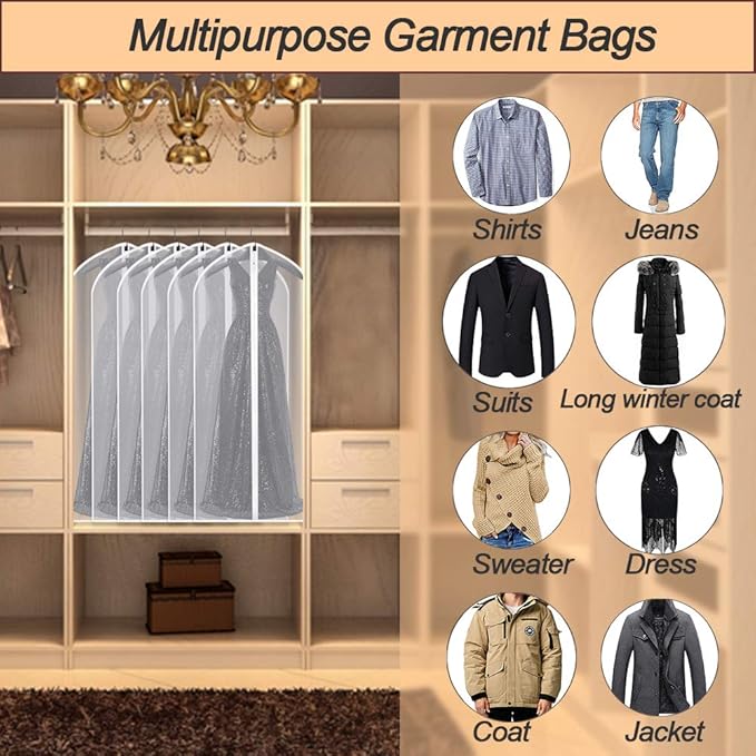 Suit Bags for Closet Storage Garment Bag (24'' x 40'' Set of 12) Clear Garment Bags for Hanging Clothes Plastic Waterproof Suit Cover Bag with Zipper for Coats, Jackets, Shirts Closet