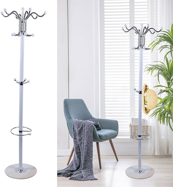 69" Entryway standing Coat Rack Stand Coat Hanger White Satin Steel Finish Stable Marble Base with 16 Hooks, High-Grade Metal Tree Hat Stand Floor Standing Wall Bedroom Hall Organizer Storage