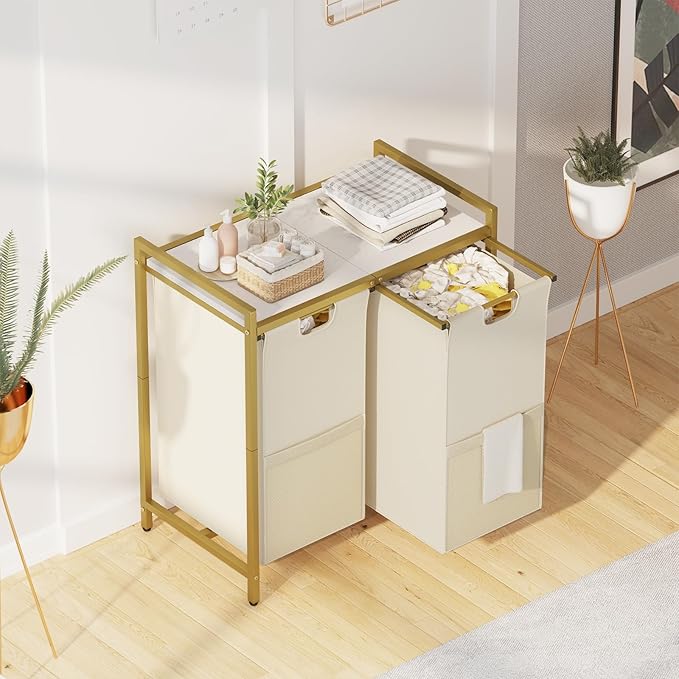 Laundry Hamper, double Laundry Basket, Laundry Sorter with Top Shelf & 2 Removable Washable Bags & Side Pockets for Laundry Room organization, Bathroom and Dorm, Gold and White