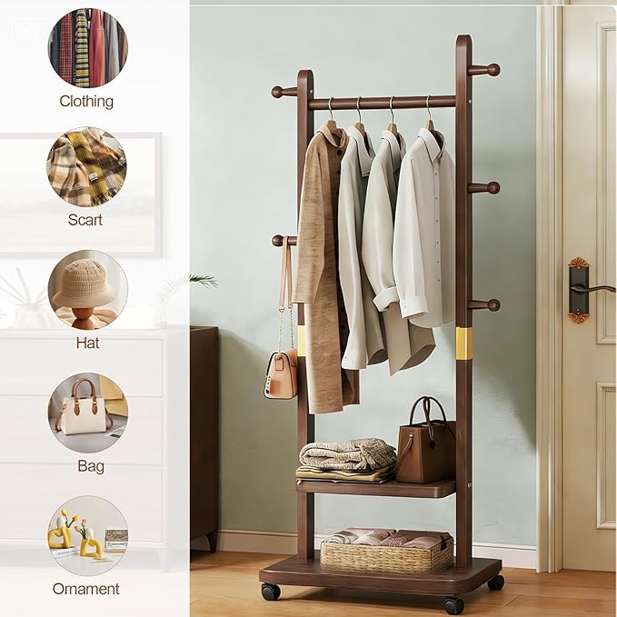 Solid Wood Coat Rack for Entryway Bedroom Corner 2-Tier Freestanding Clothing Stand with Wheels & 5 Hooks & Storage Shelves Heavy Duty Rolling Clothes Rack with Hat Hanger