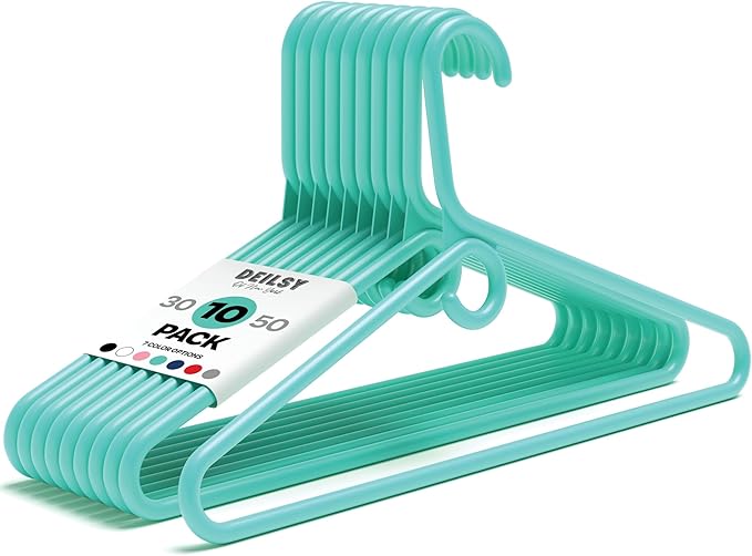 DEILSY™ Aqua Heavy Duty Hangers with Hooks for Scarves & Belts – Thick and Strong Clothes Hangers for Shirts, Jackets, Pants, and Dresses – Space-Saving Plastic Hangers – Pack of 10
