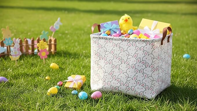Rectangle Easter Gift Basket Empty,Collapsible Kids Toys Bin for Playroom/Bedroom,Room Decor(Bunny)