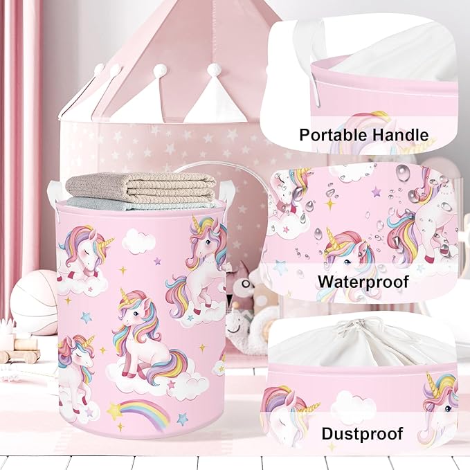 Unicorn Laundry Hamper Large Storage Basket Rainbow Clouds Collapsible Parents Organizer Kids Toy Clothes Bins for Bedroom, Bathroom, Stars, 63L