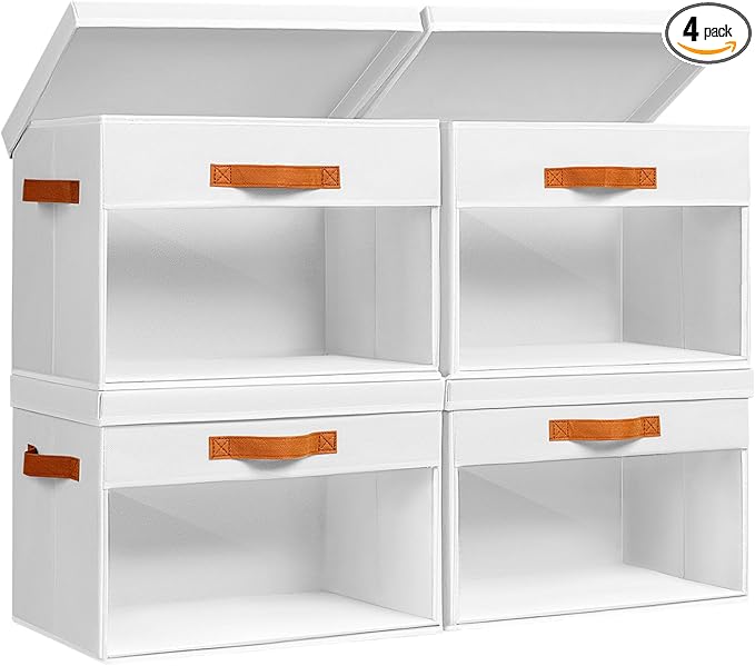 Large Storage Bins with Lids - 4 Pack Foldable Decorative Organizers with Clear Windows & Handles, Cube Storage Organizers for Clothes, Blankets, Sweaters, Sheets, White