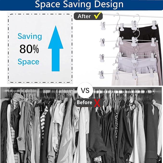13 Inch White Heavy Duty Add-on Stackable Metal Hanger for Trousers Pants Skirt with Extra Strong Clips Pack of 20
