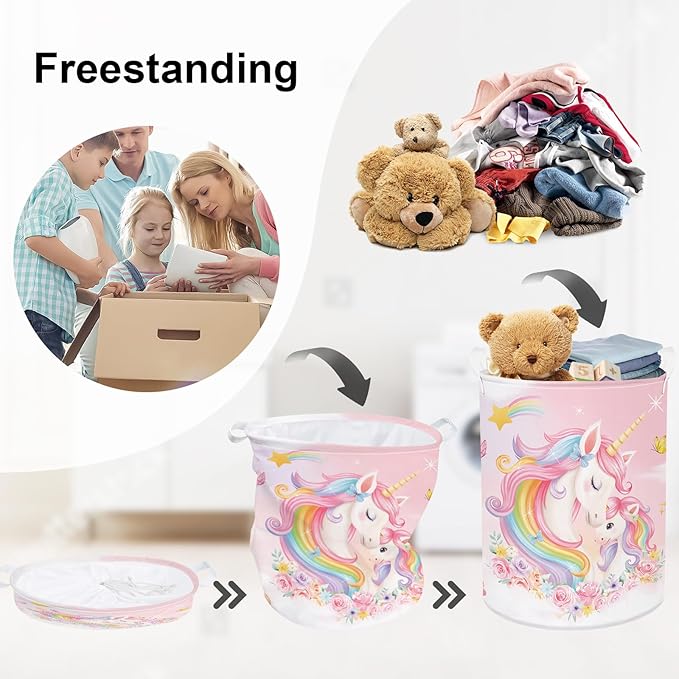 Unicorn Laundry Hamper Large Storage Basket Rainbow Clouds Collapsible Parents Organizer Kids Toy Clothes Bins for Bedroom, Bathroom, Flowers, 63L