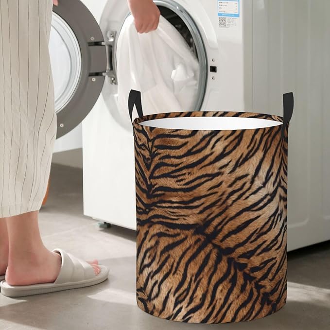 Tiger Texture Round Laundry Hamper Natural Animal Skin Print Storage Basket Toys Clothes Organizer Bin For Home Bathroom Bedroom Dorm Nursery, 38l
