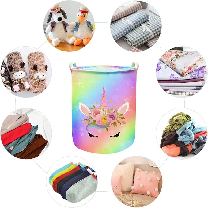 Unicorn Laundry Basket Hamper Large Sized Round Storage Basket Waterproof Bin Collapsible Laundry Basket for Girls Room Organizer, Bedroom Nursery Playroom Clothes (43.3L Cute Unicorn Laundry)