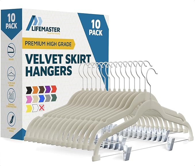 Lifemaster Velvet Skirt Hangers – with Adjustable Clips, 360 Degree Swivel Hook, and Non-Slip Shoulder Notch, Holds Up to 10 lbs, for Organizing Skirt, Pants, Dress, and Clothes, Pack of 10, Ivory