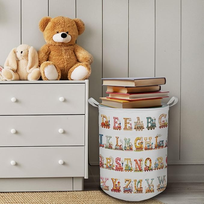 Kids Nursery Laundry Basket, Toybox for Girls Boys, Alphabets Trains Transportation Laundry Basket Hamper Waterproof Collapsible Storage Bin Organizer for Bedroom Bathroom Kids Room Clothes Toys